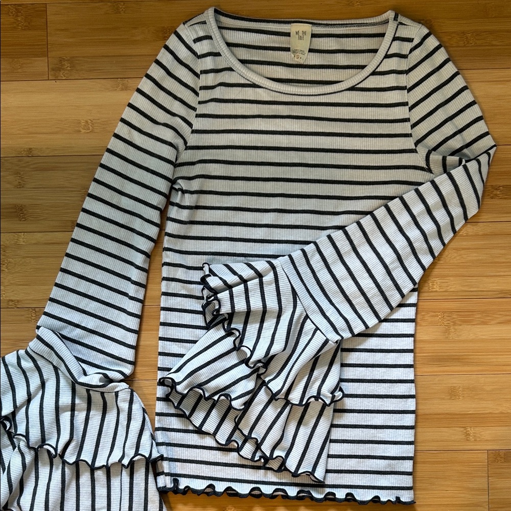 Free people Striped Ruffle Sleeve Long Sleeve Top - Black & White